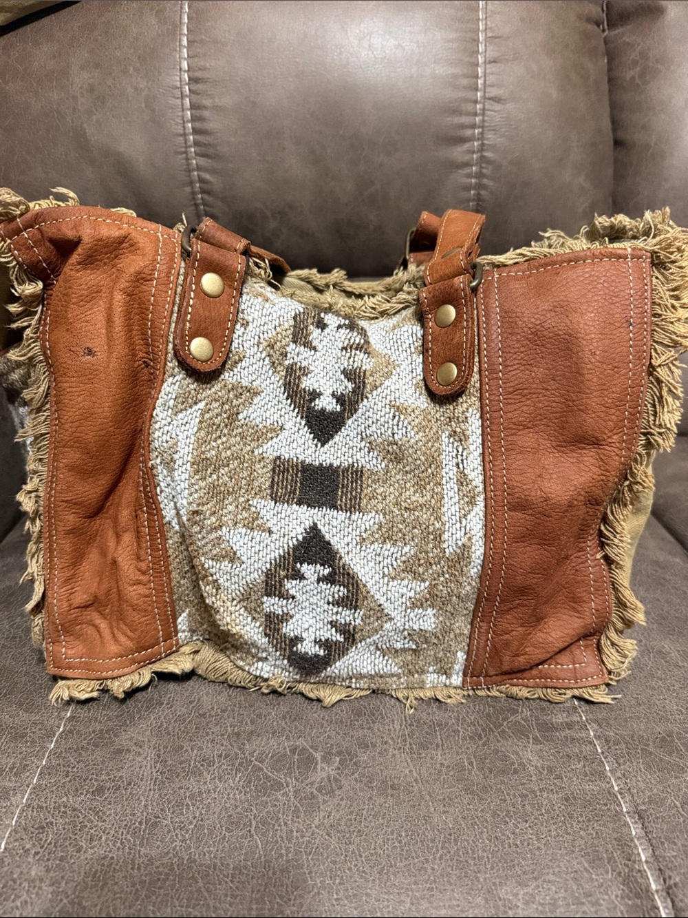 Boho Fringe Myra Tote Bag in Brown and Cream